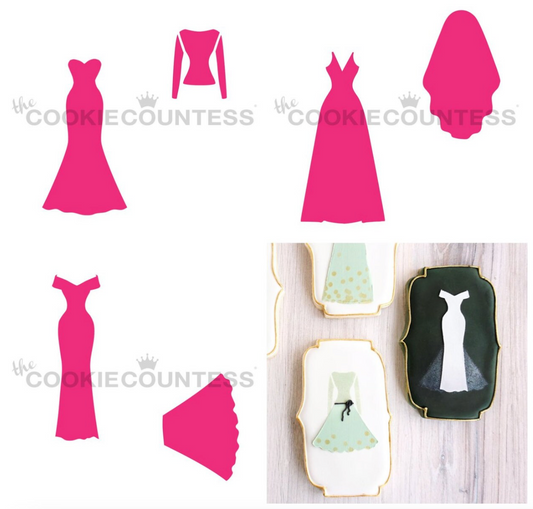 WEDDING DRESS MAKER, 3 Piece Set, Cookie Countess, Cookie Stencil/Cupcake Stencil