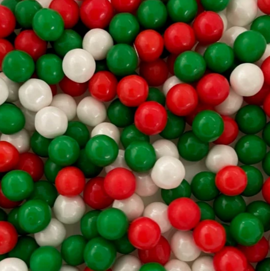 RED, GREEN, & WHITE Sugar Pearls  "Cake/Cupcake/Cookie Decorations", 7MM, 2 Ounce or 4 Ounce